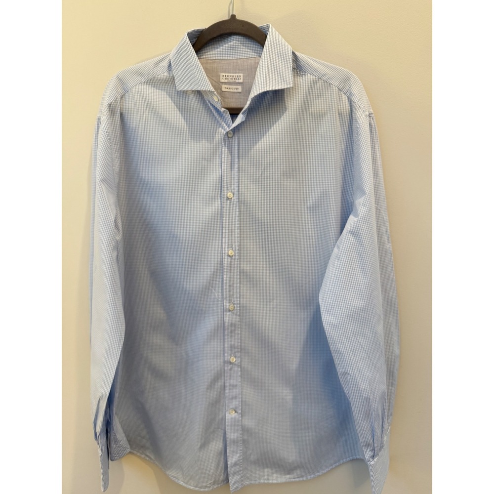 Brunello Cucinelli Men's XXL 47 Blue Micro Check Cotton Dress Shirt Made Italy